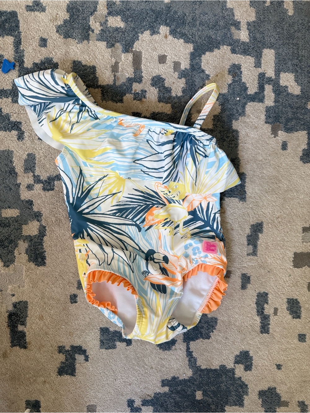 RuffleButts Tropical One-Shoulder Swimsuit in Yellow, Blue, Orange